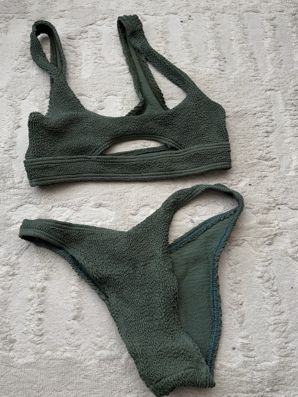 bond-eye Olive Textured Cutout Bralette & Bikini Set